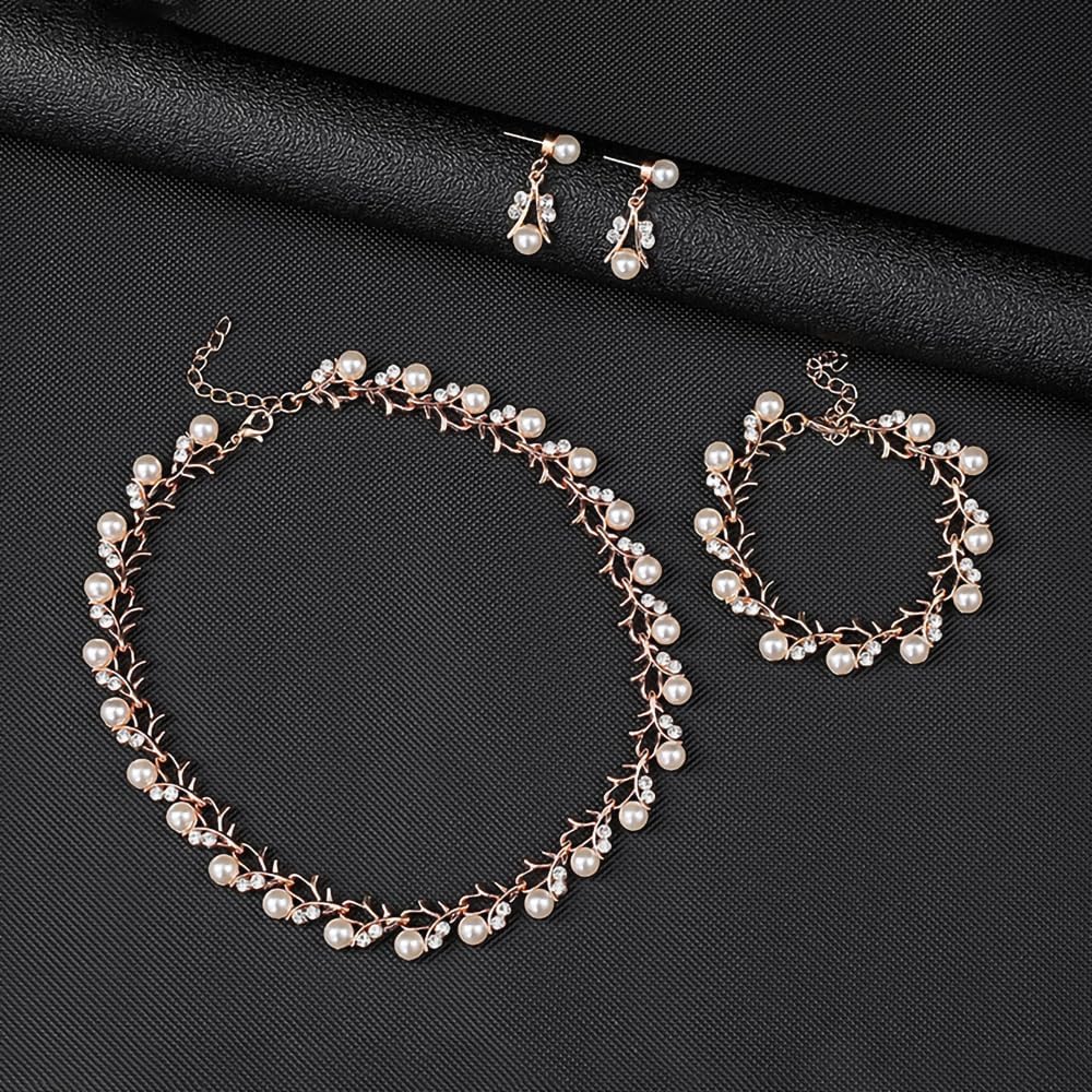 Rrdaily Rhinestone Pearl Wedding Jewelry Set for Bride Bridesmaid Bohemia Adjustable Beaded Crystal Bracelet Necklace Exaggerated Pearl Earring Set for Women