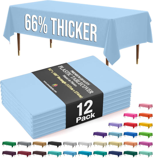Party Solids 66% Thicker Premium Plastic Table Cloth Rectangle Table Cover 0.5 Mil 12 Pack Light Blue Table Cloth 54 Inch x 108 Inch Disposable Tablecloth Won't Tear Easily Like Cheap Thin Brands