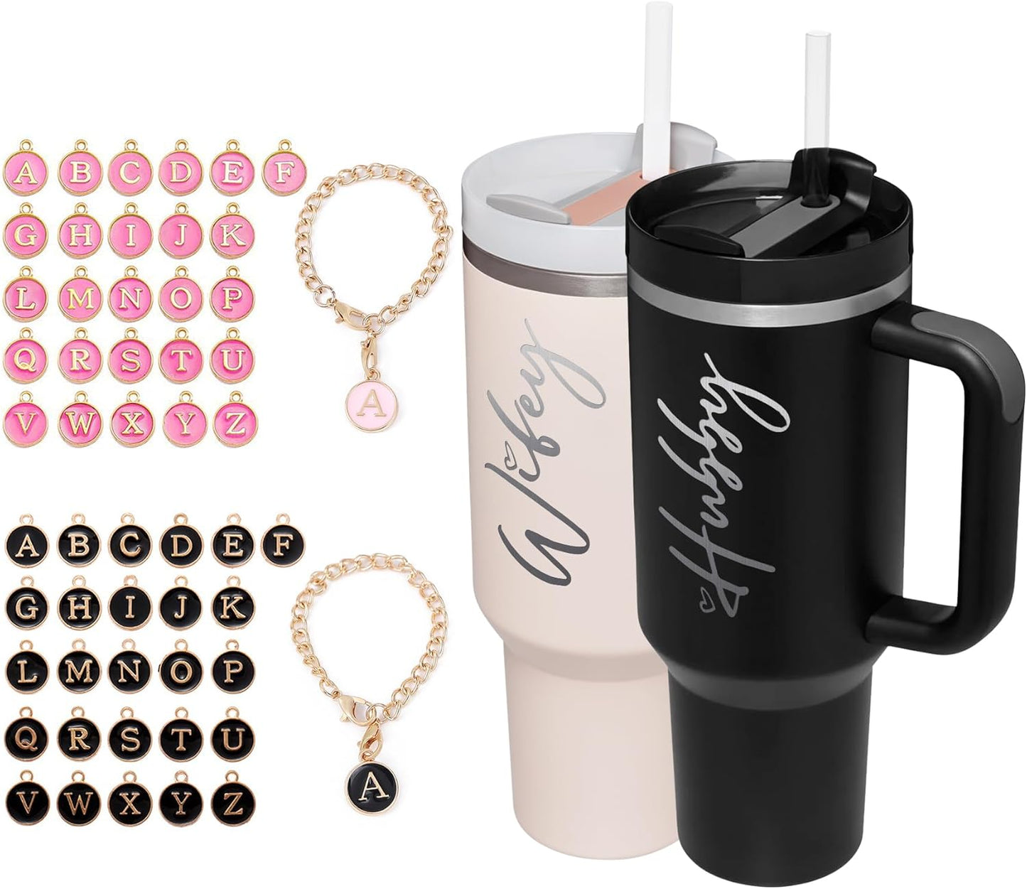 Wifey Hubby 40 oz Tumbler Cup for Couples with Handle Lids Straws Letter Charm Accessories 2 Pack Wedding Gifts for Couples 2024 Engagement gift Bridal Shower Gift for Bride Groom Newlyweds