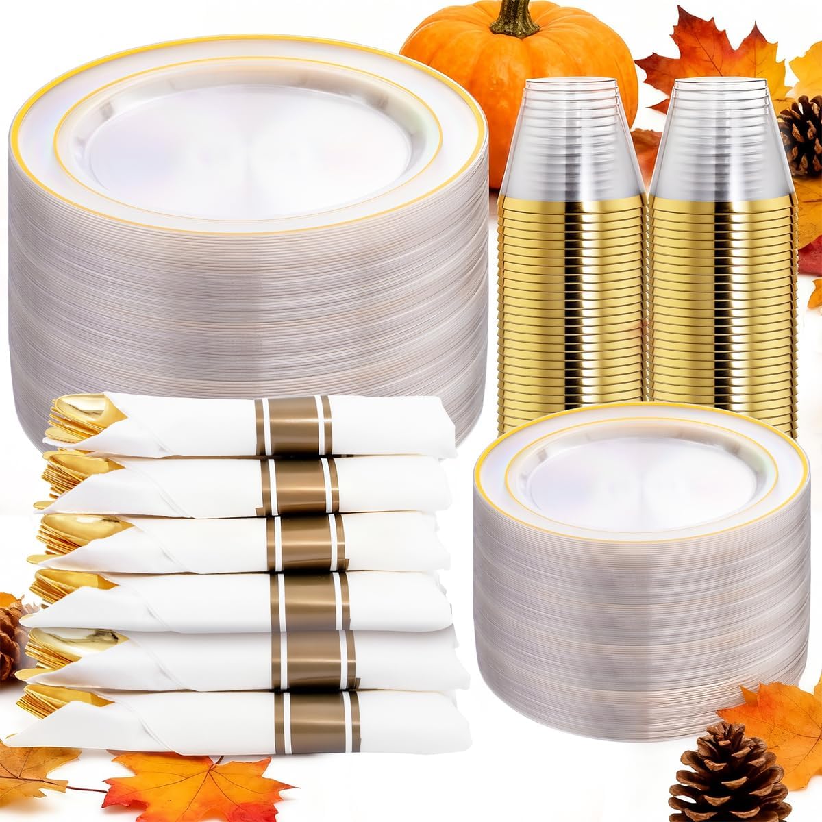 DaYammi 350PCS Clear Gold Plastic Dinnerware Set for 50 Guests, Thanksgiving Plates Disposable, Include: 50 Dinner Plates, 50 Dessert Plates, 50 Pre Rolled Napkins with Gold Silverware, 50 Cups