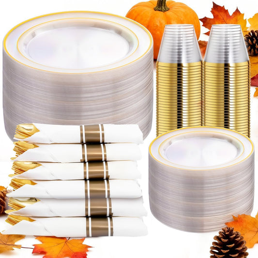 DaYammi 350PCS Clear Gold Plastic Dinnerware Set for 50 Guests, Thanksgiving Plates Disposable, Include: 50 Dinner Plates, 50 Dessert Plates, 50 Pre Rolled Napkins with Gold Silverware, 50 Cups