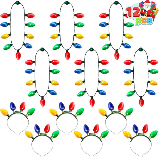 JOYIN 12PCS Christmas Light Up Headband and Necklace with 6 Flashing Modes, LED Christmas Lights Bulb Necklace Headband for Kids Women Men Xmas Party Supplies Accessories