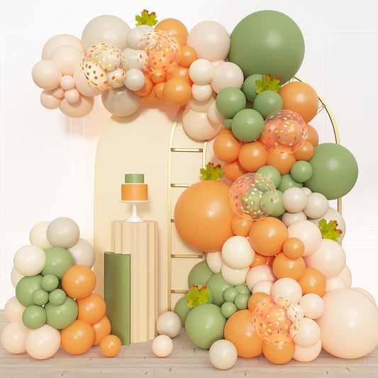 Amandir 153pcs Green Orange Balloon Garland Arch Kit, Different Sizes 18 12 10 5 inch Sage Green White Sand Latex Confetti Fall Balloons for a Little Cutie is on the Way Baby Shower Party Decoration