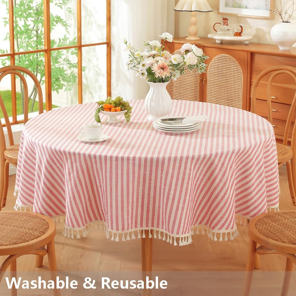 TruDelve Round Tablecloth 60 Inch Red and White Striped Cloth Tablecloths Circle Outdoor Picnic Table Cloth Round Cover (Red,60",Round)