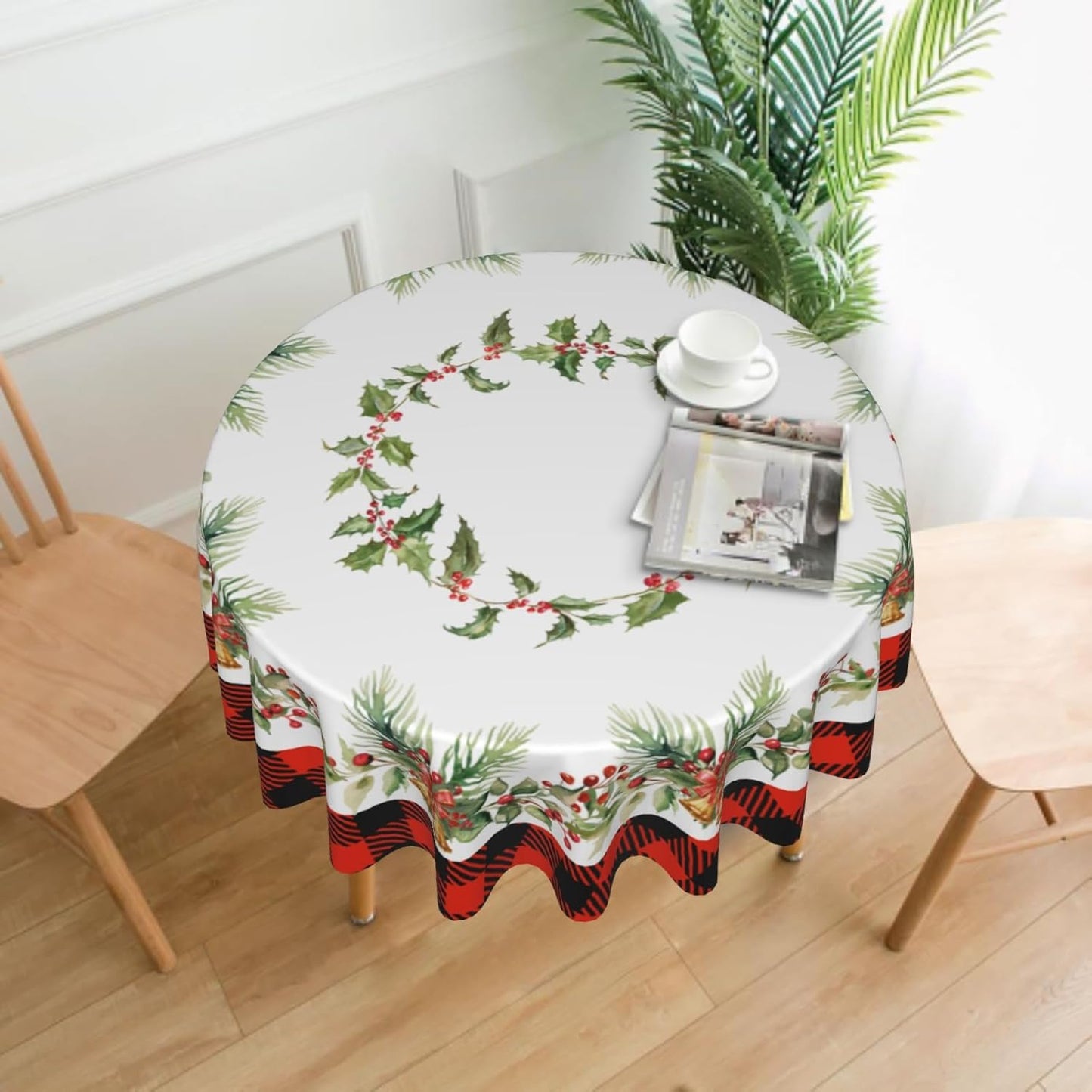 Giwawa Christmas Round Tablecloth for Kitchen Dining, 60Inch Xmas Holly Berries Bells Bows Table Cloth, Red Black Buffalo Plaids Non-Slip Table Cover for Holiday Picnic Tabletop Decor