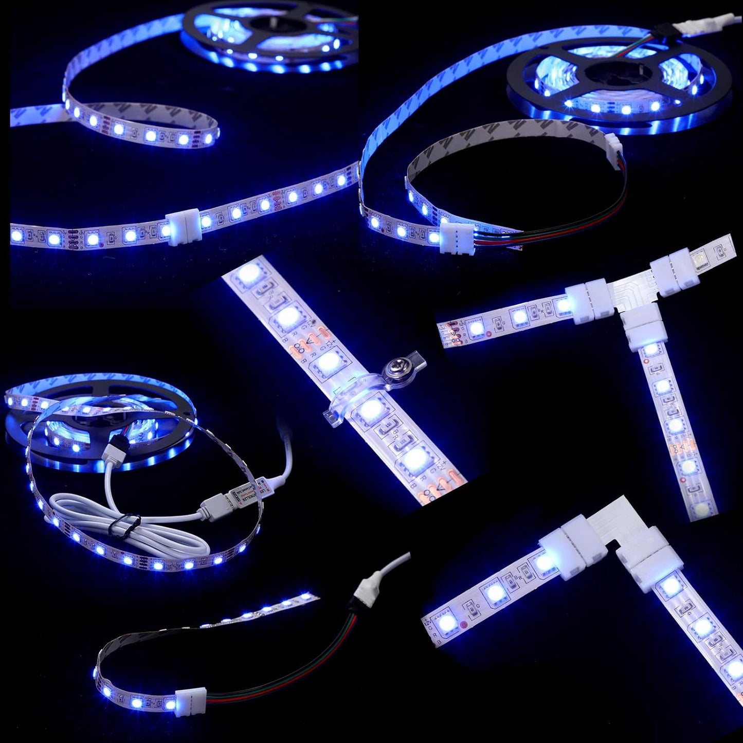 Honoson 5050 4 Pin RGB 10mm LED Strip Connector Kit RGB Extension Cable, LED Strip Jumper, 2 Way RGB Splitter Cable, L, T, Gapless, 4 Pin Male Connectors with Clips