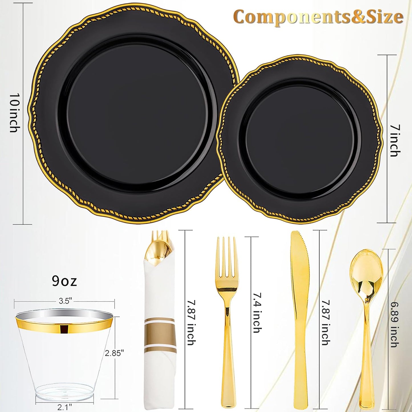 Hioasis 175pcs Black and gold Plastic Plates - Gold Plastic Dinnerware Set Includes 25 Dinner Plates, 25 Dessert Dinnerware, 25 Cups, 25 Napkins Perfect for Wedding & Halloween