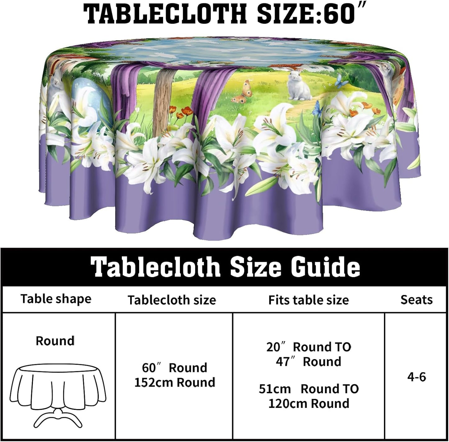 Giwawa Easter Cross Round Tablecloth 60 Inch Spring Bunny Rabbits Eggs Hunt Table Cloth for Kitchen Dining Lily Flowers Polyester Table Cover Holiday Party Picnic Farmhouse Decoration