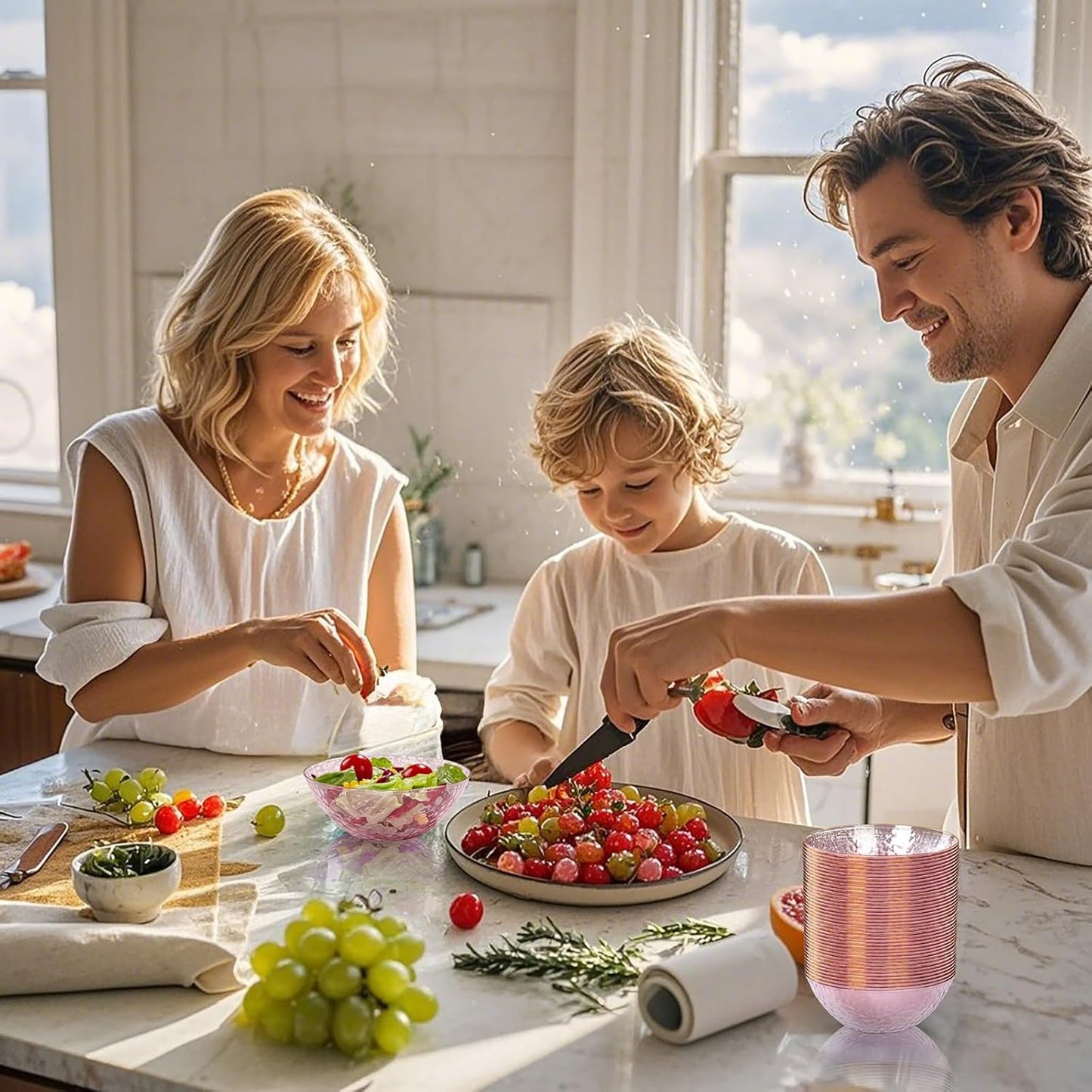 Rubtlamp 30 Pack Clear Pink Disposable Bowls, Clear Plastic Bowls with Gold Rim, 12-16oz Premium Heavy Duty Plastic Dinner Bowls for Party, Wedding and Holiday