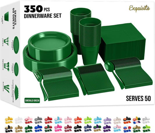 350 Pcs Emerald Green Plastic Plates For Party, Emerald Green Disposable Plates Set, 50 Of Each 9" Dinner Plate Set, 7" Dessert Plate, Cups, Napkins & Cutlery Plastic Dinnerware Exquisite