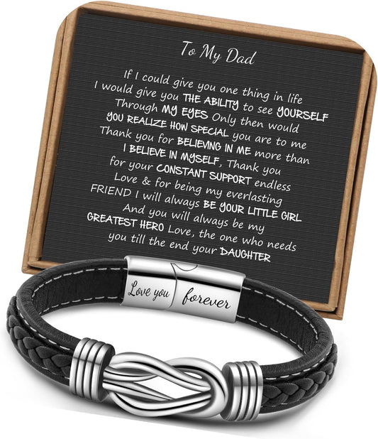 𝗞𝗻𝗼𝘁 𝗕𝗿𝗮𝗰𝗲𝗹𝗲𝘁 𝗚𝗶𝗳𝘁𝘀 𝗳𝗼𝗿 𝗠𝗲𝗻 Brown Braided Leather Stainless Steel Infinity Bracelets Lettering Love You Forever Gifts for Son Grandson Husband Boyfriend Brother Always Linked Together