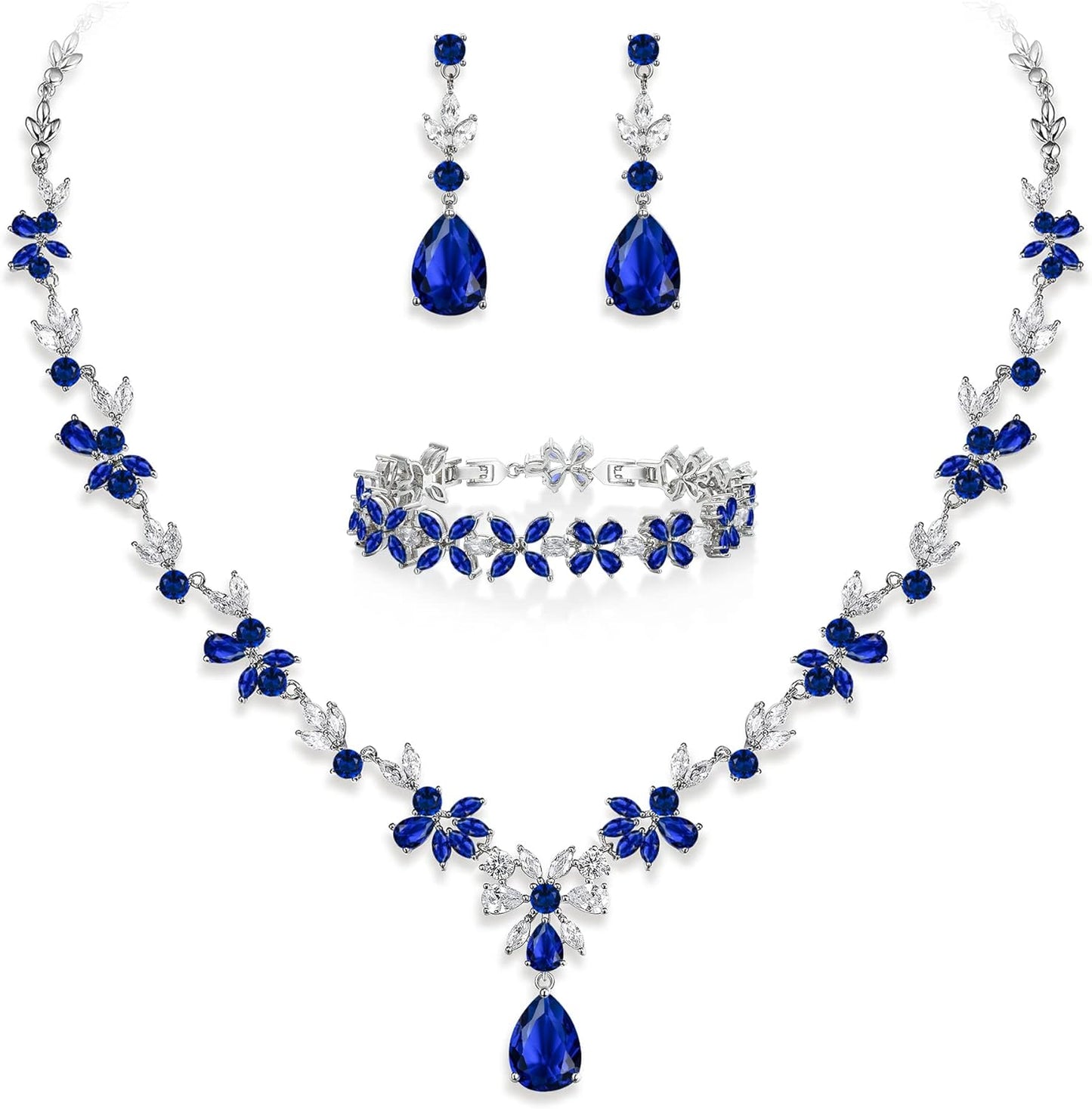 EVER FAITH Bridal Jewelry Set for Bride Bridesmaid, Flower Leaf Teardrop Cubic Zirconia Necklace Dangle Earrings Bracelet Sets Wedding Party for Women