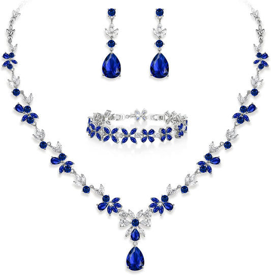 EVER FAITH Bridal Jewelry Set for Bride Bridesmaid, Flower Leaf Teardrop Cubic Zirconia Necklace Dangle Earrings Bracelet Sets Wedding Party for Women