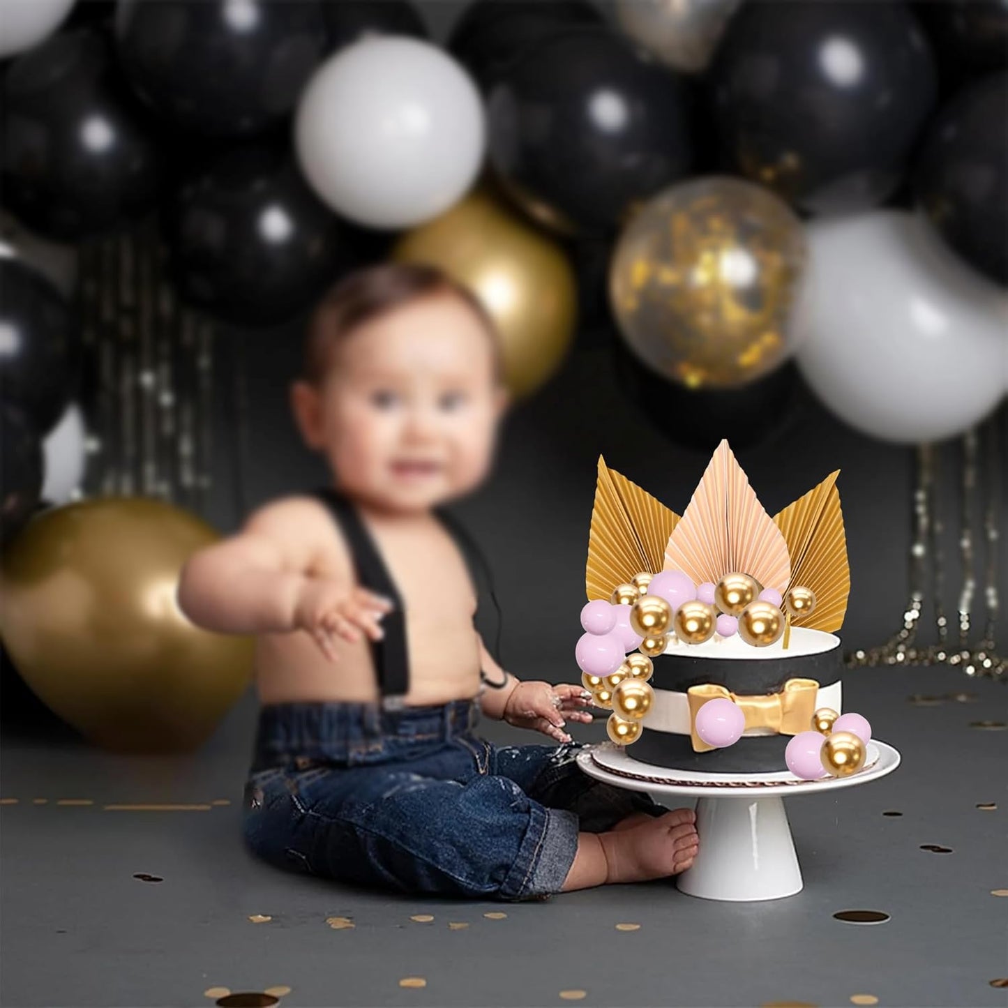 Ephlyn 28Pcs Paper Palm Fan Cake Topper Balls Cake Pick Decoration for Baby Shower Wedding Bridal Shower Birthday Party DIY Cake Decorations Supplies Pink Gold