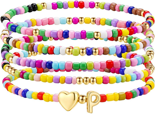 M MOOHAM Stocking Stuffers for Kids Girls Teen - 5PCS Colorful Beaded Initial Bracelets for Women Girls, Cute Stretch Heart Letter Bohemian Stackable Bracelet Birthday Gifts Jewelry for Kids Teen Girl