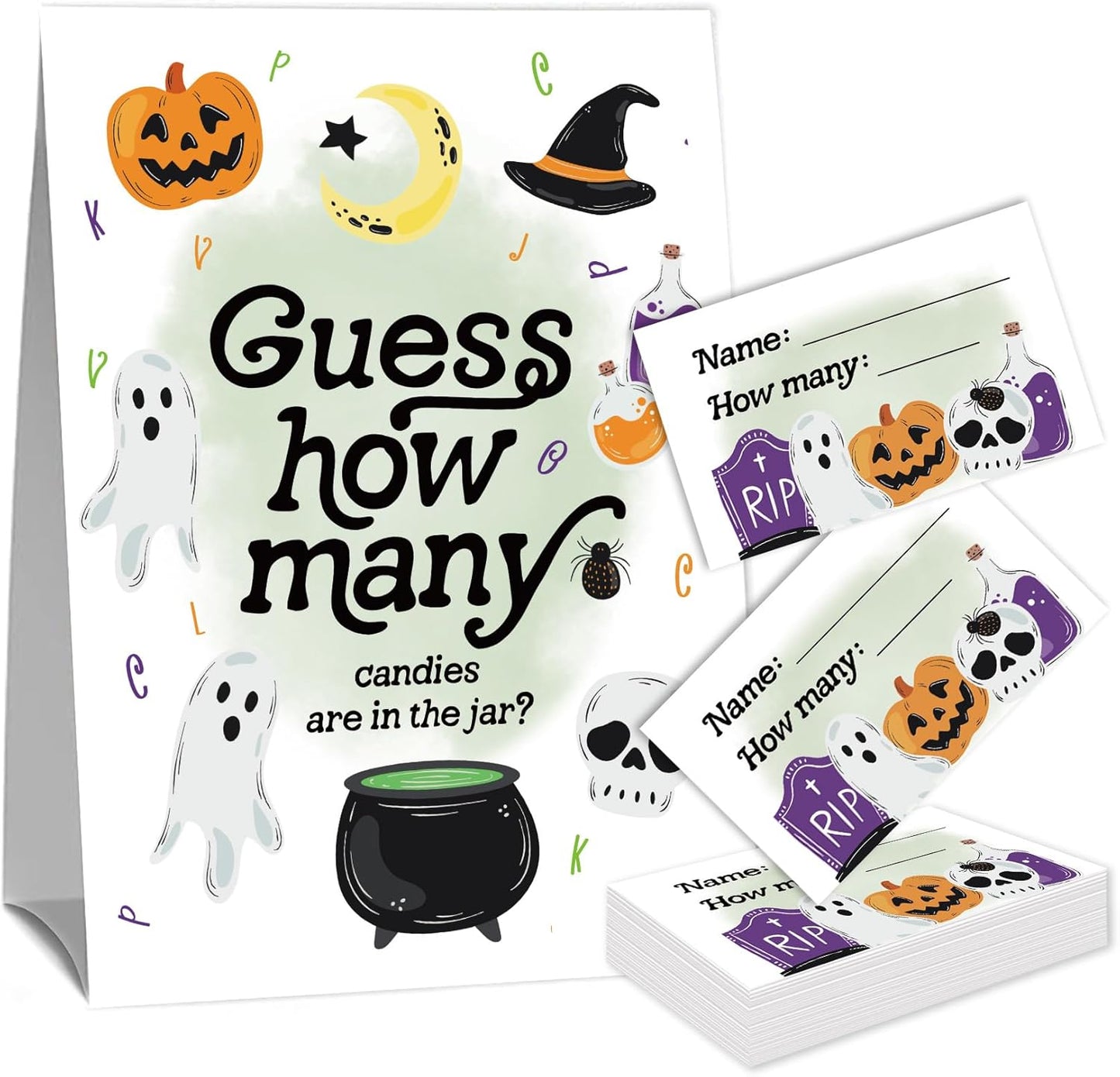Halloween Guess How Many Party Games for Adults and Family,Halloween Raffle Cards Kits (1 Standing Sign & 50 Guessing Cards),Backyard Indoor Outdoor Guessing Activities for Birthday Party-6