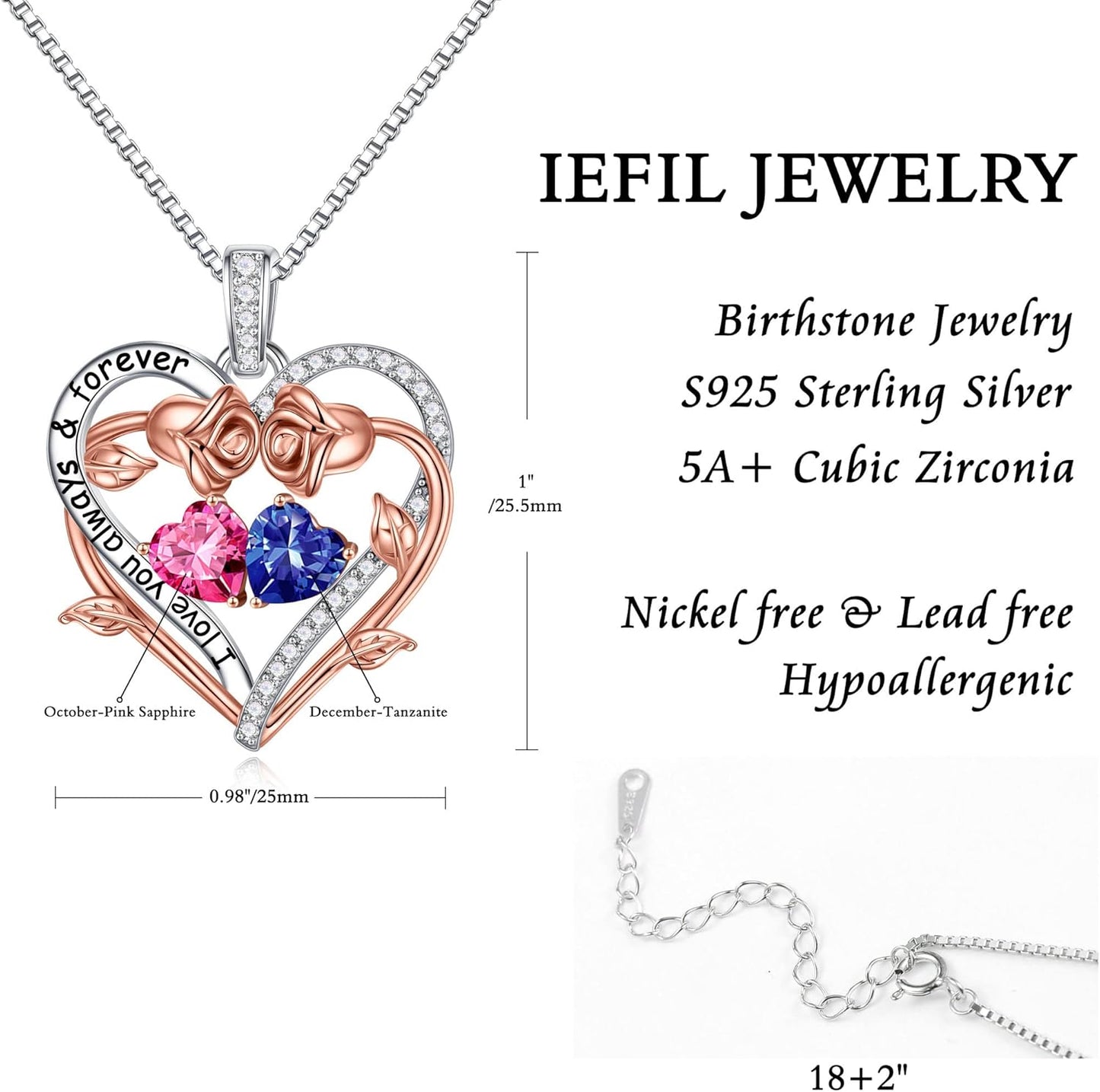 Iefil Rose Heart Double Birthstone Necklace Gifts for Wife Her Mom Women, Birthstone Jewelry Gemstone Birthday Gifts for Girlfriend Grandma Her Wife Women