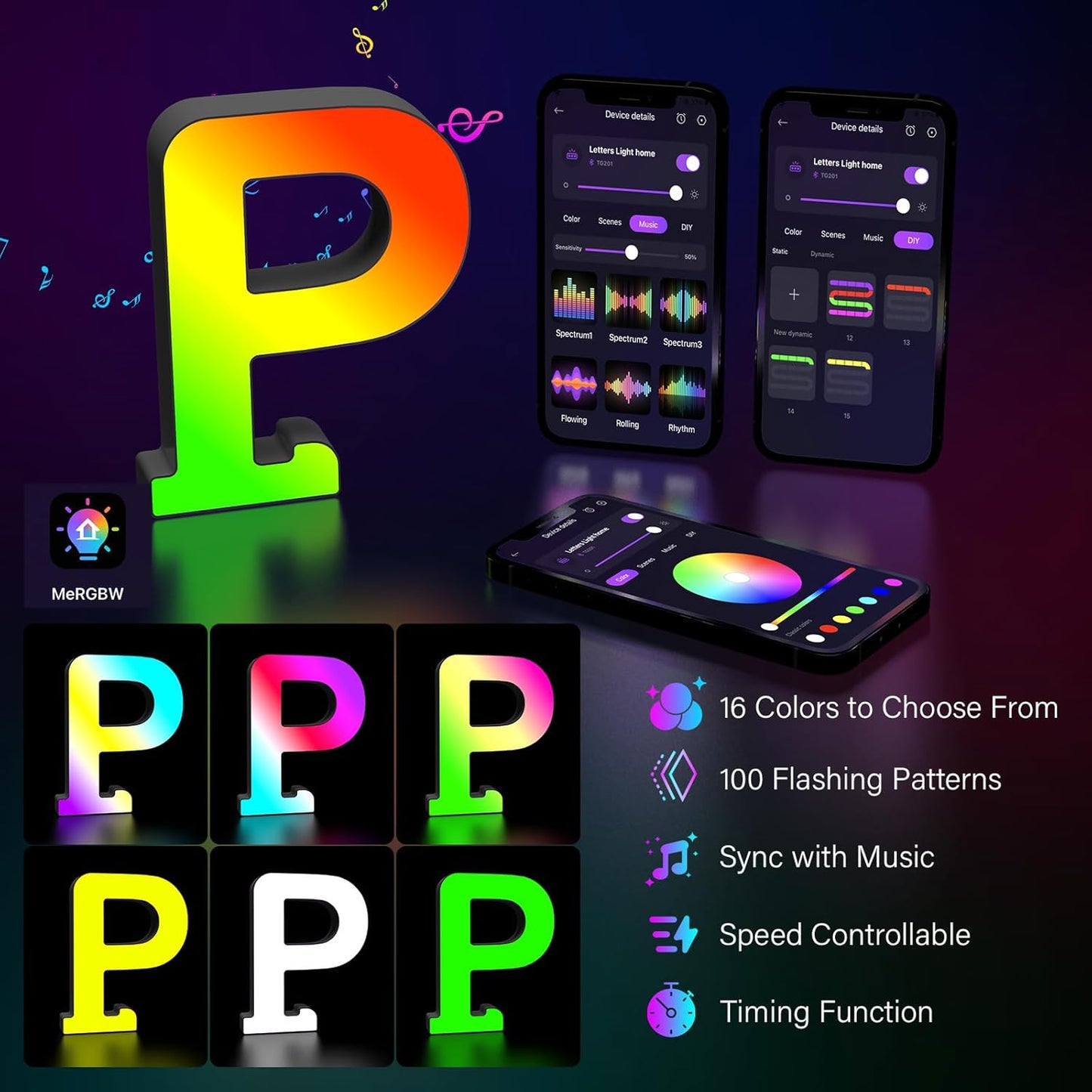 Light Up Letters Marquee Letter - Music Sync RGB Color Changing LED Lights Letter Logo Game Lights for Girls Women Party Birthday Christmas Valentine's Day Wall Desktop Decoration (MRGB-P)