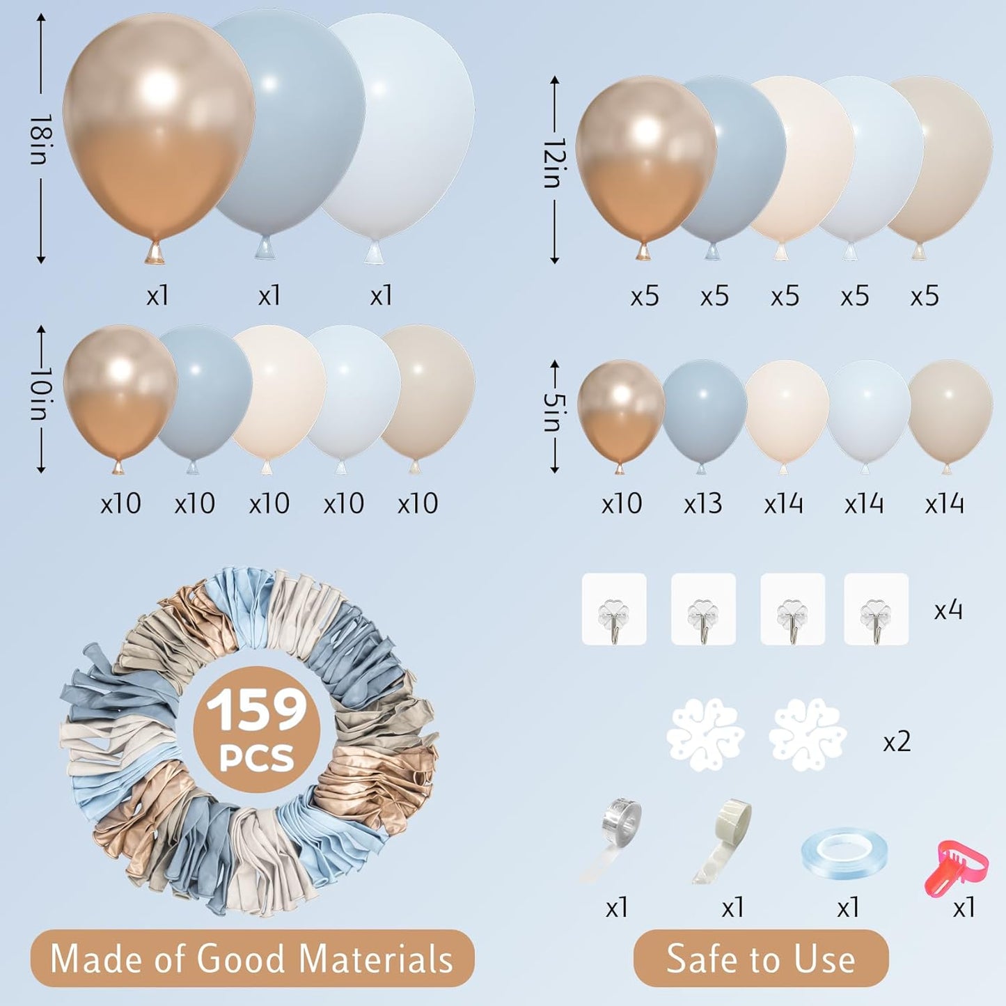 Amandir 153pcs Dusty Blue Balloon Arch Garland Kit, Different Sizes 18 12 10 5 inch White Sand Beige Cream Champagne Fog Baby Blue Balloons for Boy Baby Shower Birthday Bridal Wedding Party Decoration