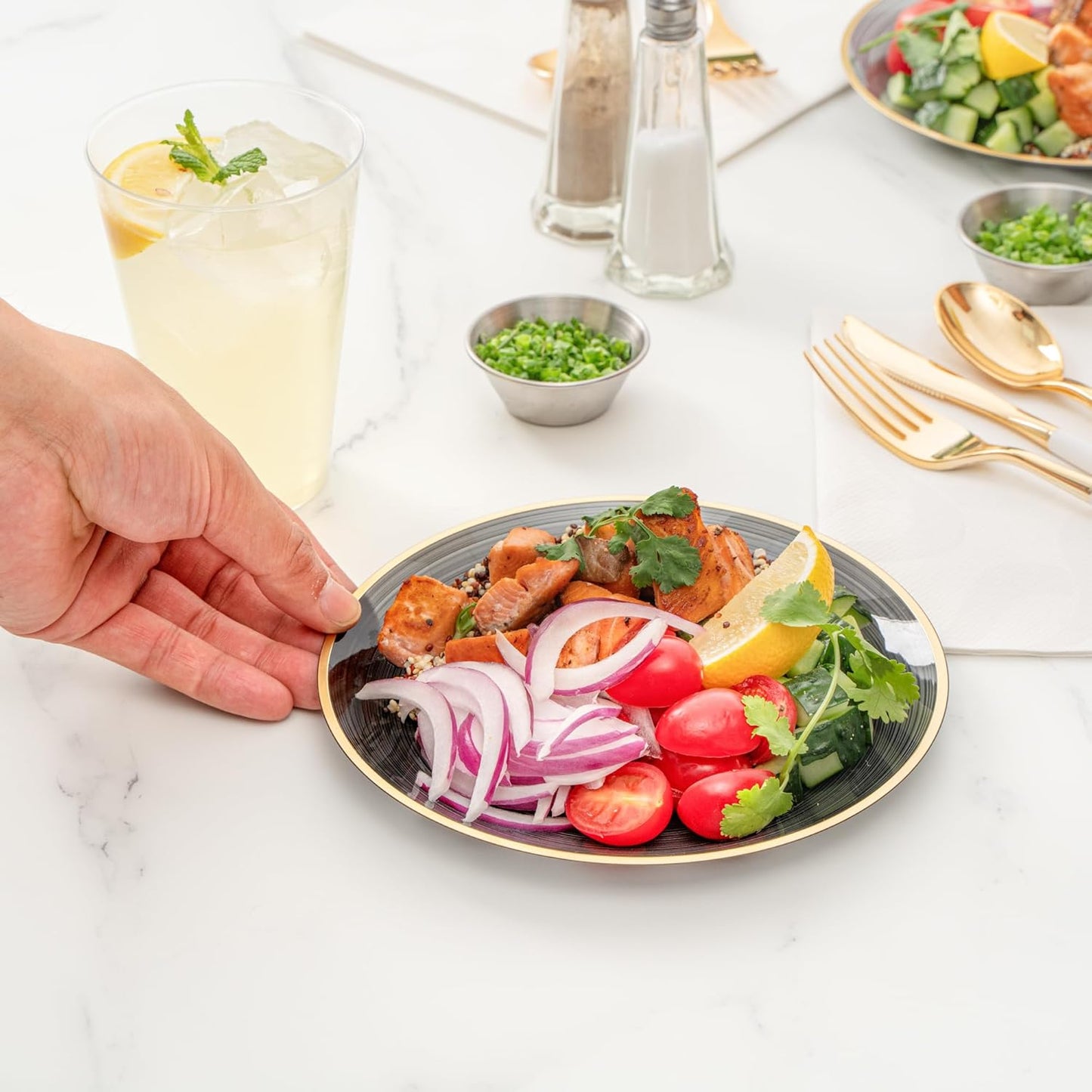 Restaurantware Plastic Plates 100 Pcs 7.25" Gold Rimmed Disposable Plates Heavy-Duty Black Translucent Rippled Plastic Dinner Servers for Party, Weddings, Salads, Desserts, and Appetizers