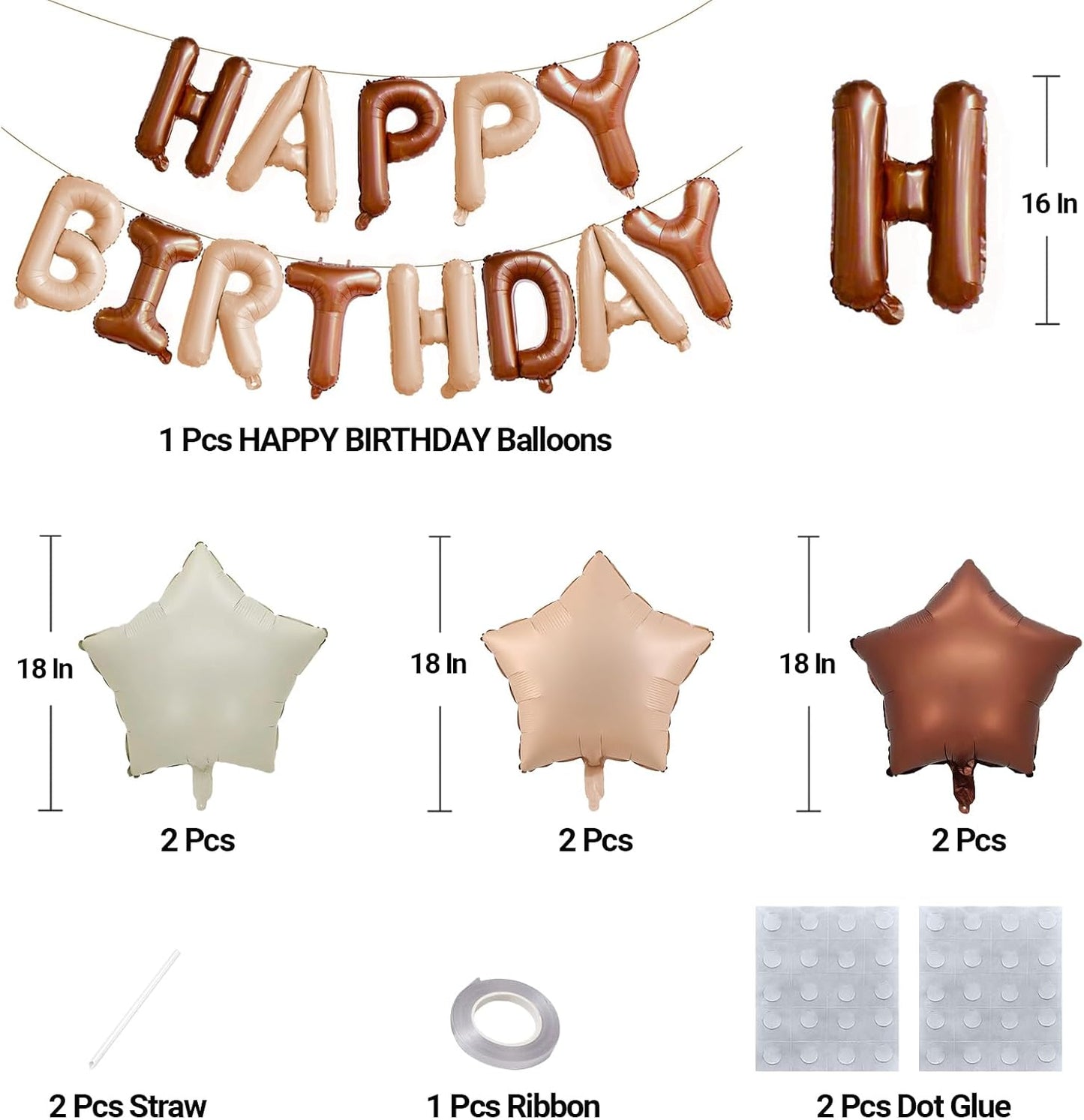 KALOR Brown and Beige Happy Birthday Balloons Kit with16 Inch Mylar Foil Letters Balloon and Star Balloons for Women, Men, Boys & Girls Kids Birthday Decorations Photo Backdrop