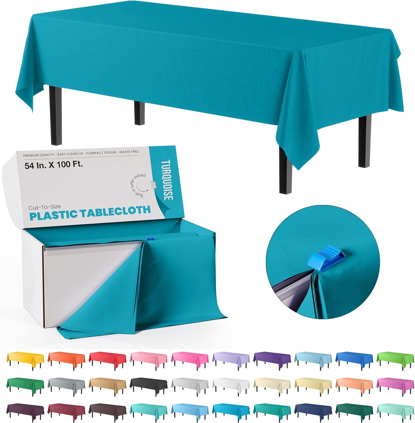 Party Solids 54 Inch X 100 Feet Turquoise Plastic Table Cover Roll in A Cut - to - Size Box with Convenient Slide Cutter. Cuts Up to 12 Rectangle 8 Feet Plastic Disposable Tablecloths