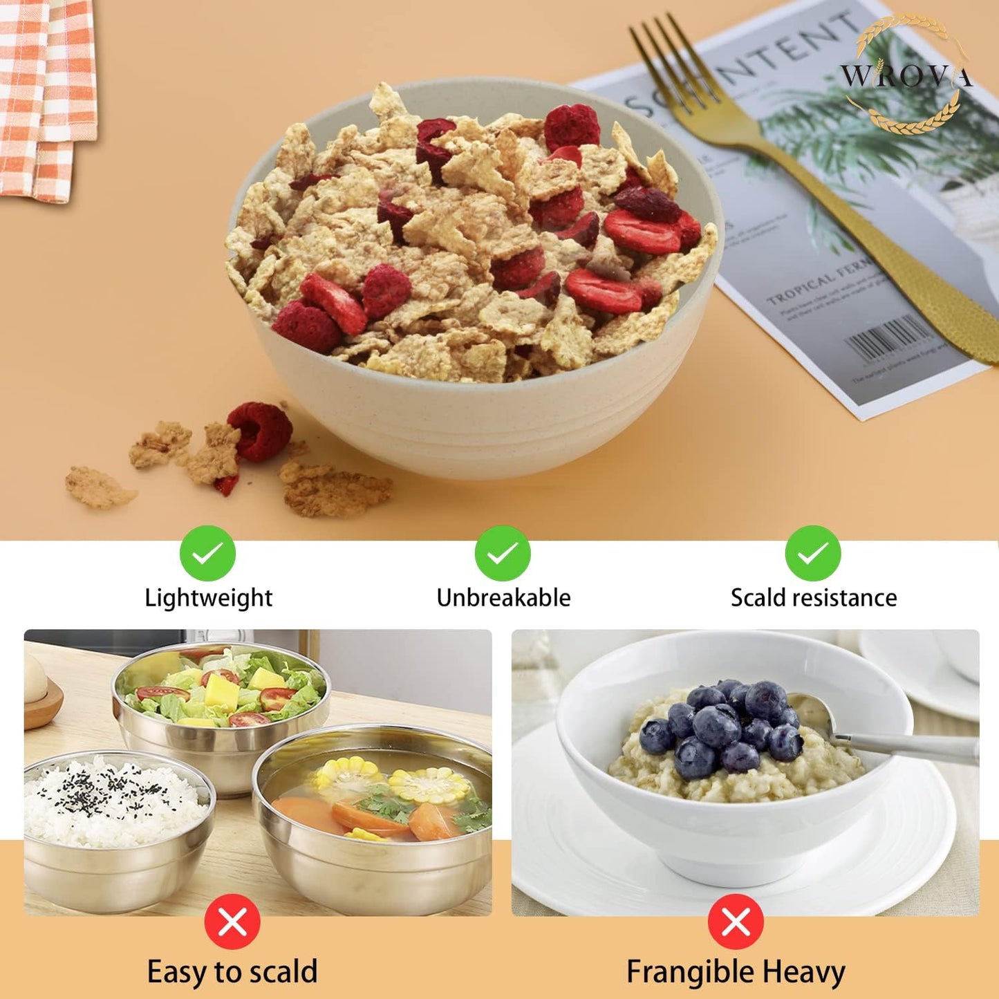 Wrova Wheat Straw Bowl Sets,8 PCS Unbreakable Cereal Bowls 26 OZ,Microwave and Dishwasher Safe Bowls, Kitchen Bowl suitable for cereal,salad,snack and soup (Beige)