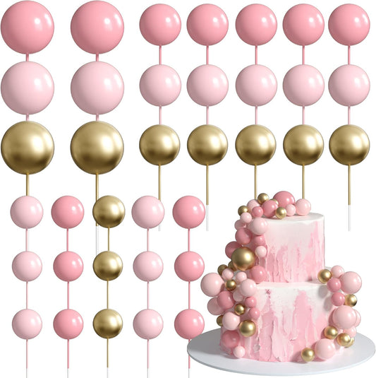36 Pack Balls Cake Topper Decorations Foam Balloons Cake Decorations Sticks Mini Balloons Cake Toppers Balls Cake Picks for Baby Shower Wedding Anniversary Birthday Party Decorations Pink Gold