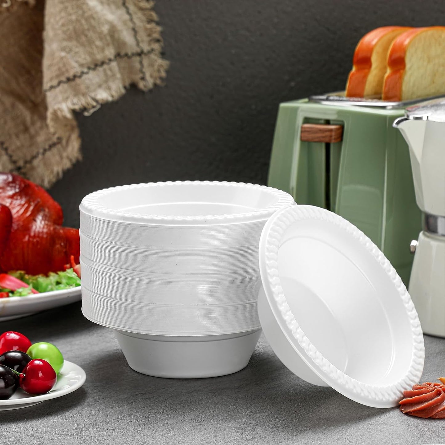 Lallisa 100 Pcs 12oz White disposable Plastic bowls Dessert Cups Ice Cream Snack Salad Soup Food Serving Bowls for Party Favor Picnic