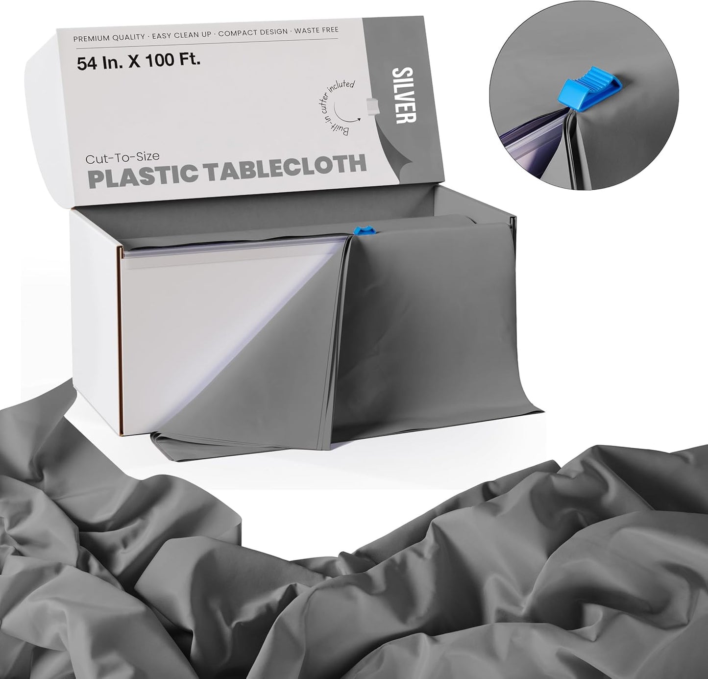 Party Solids 54 Inch X 100 Feet Silver Plastic Table Cover Roll in A Cut - to - Size Box with Convenient Slide Cutter. Cuts Up to 12 Rectangle 8 Feet Plastic Disposable Tablecloths