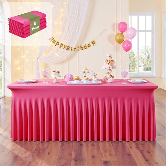 leegleri 4 Pack Hot Pink Spandex Tablecloths for 8 Foot Rectangle Tables, Wrinkle Free Fitted Table Cloths 8ft Stretchy Table Cloth Cover with Skirt for Parties Weddings Birthday Banquet Baby Shower