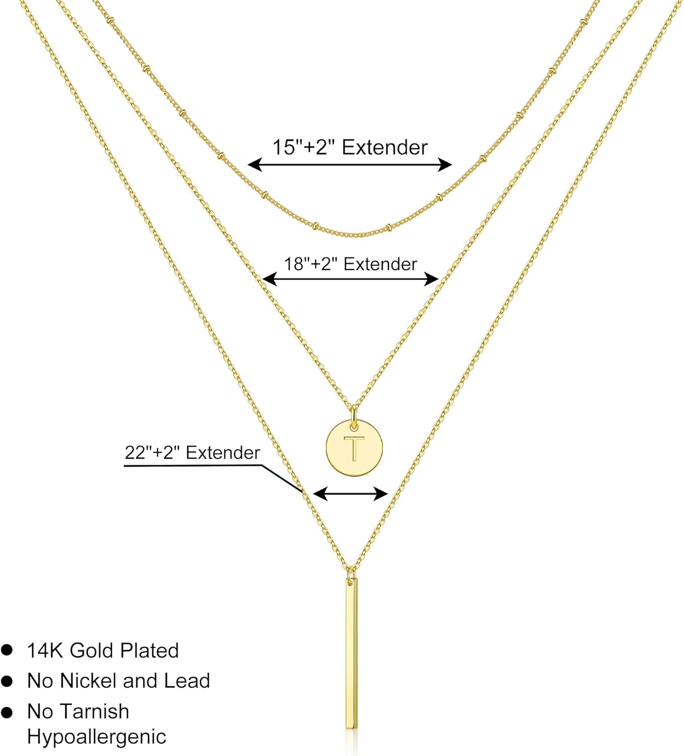 Initial Layered Necklaces for Women, 14K-Gold-Plated Coin Letter Necklace Bar Stacking Layer Necklace Multi Bar Layering Y-Necklaces Jewelry for Women