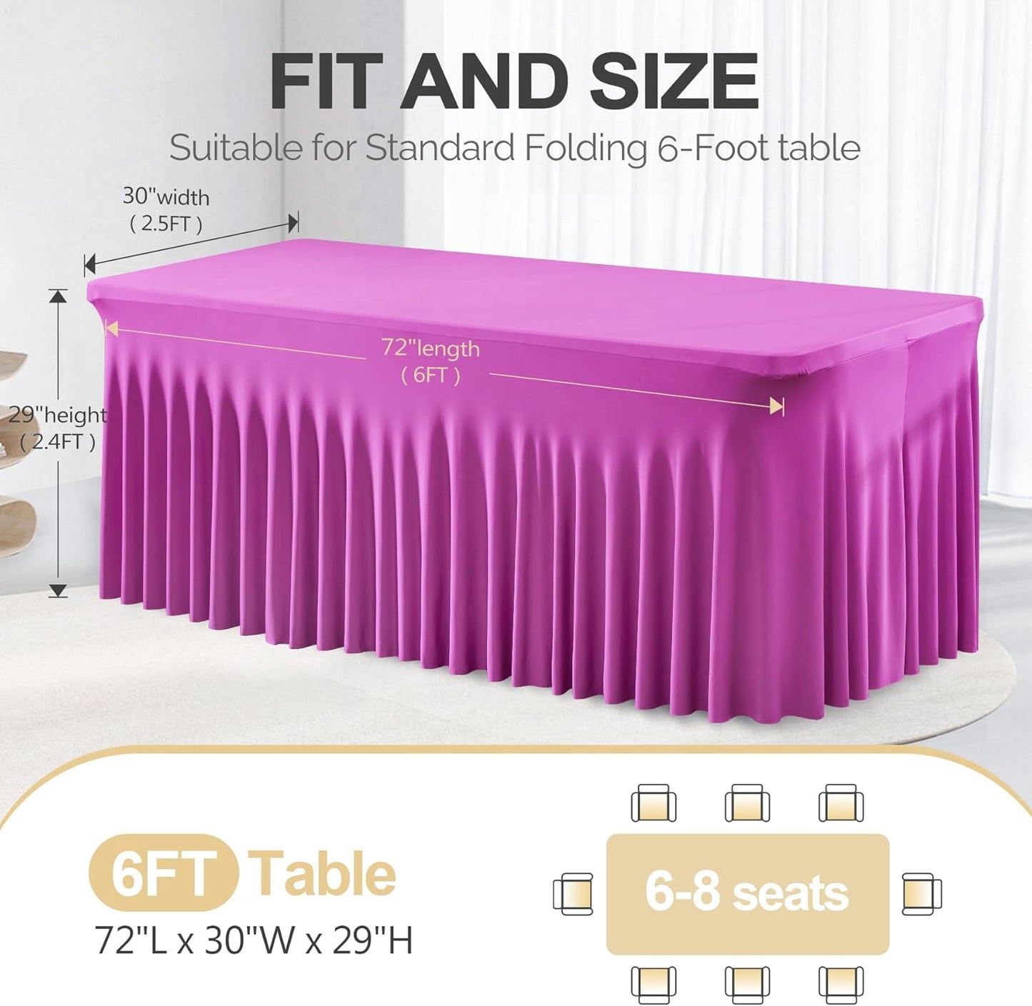 PARTISKY Fuchsia Spandex Tablecloth for 6ft Rectangle Tables, Stretchable Table Cover Skirt for Folding Tables Weddings Parties Banquets Events Trade Shows and Dessert Table