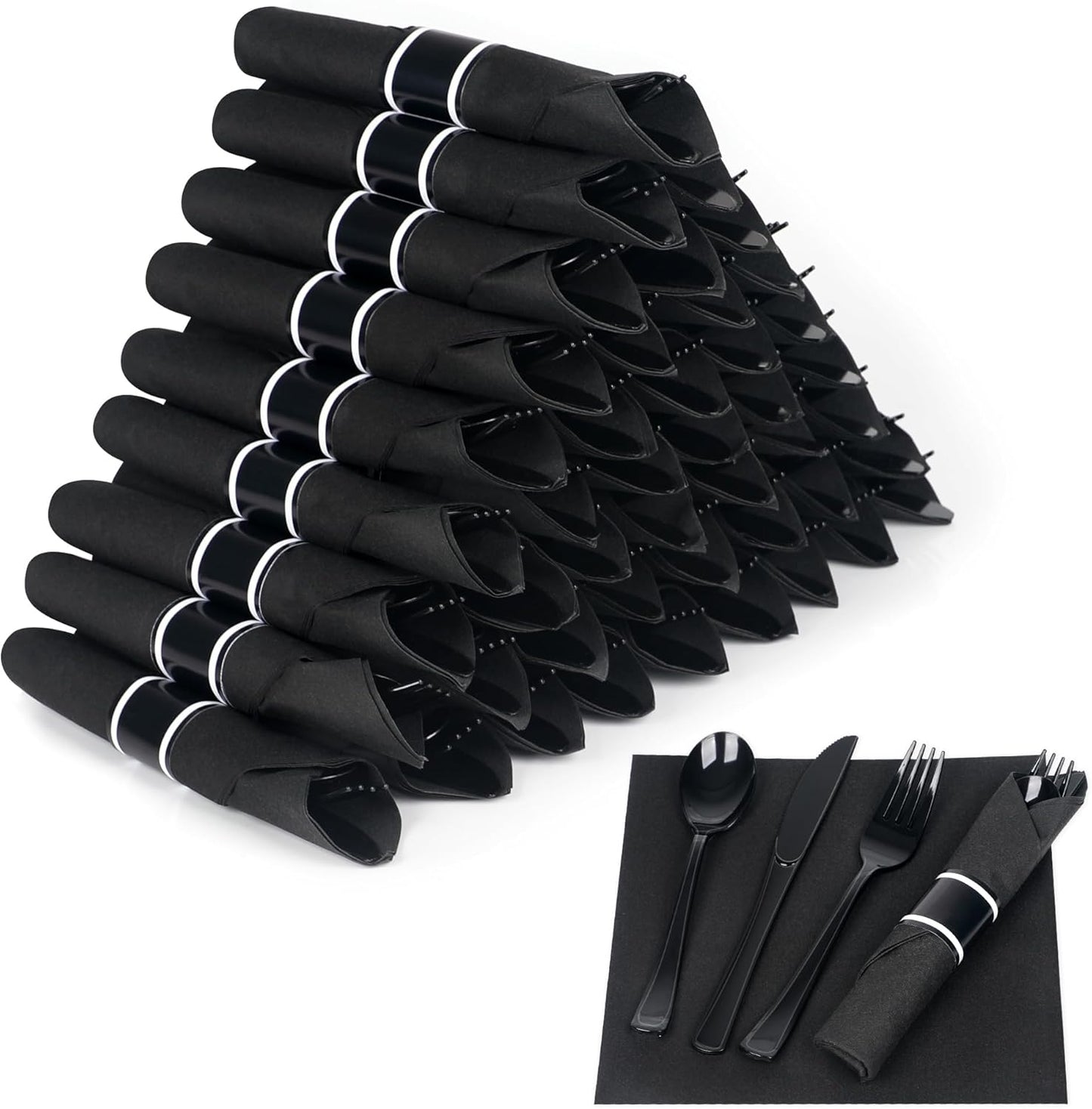 50 Pack Pre Rolled Black Plastic Silverware Set,Wrapped Plastic Cutlery Set with Napkin Include 50 Forks,50 Spoons,50 Knives and 50 Black Napkins for Party,Wedding