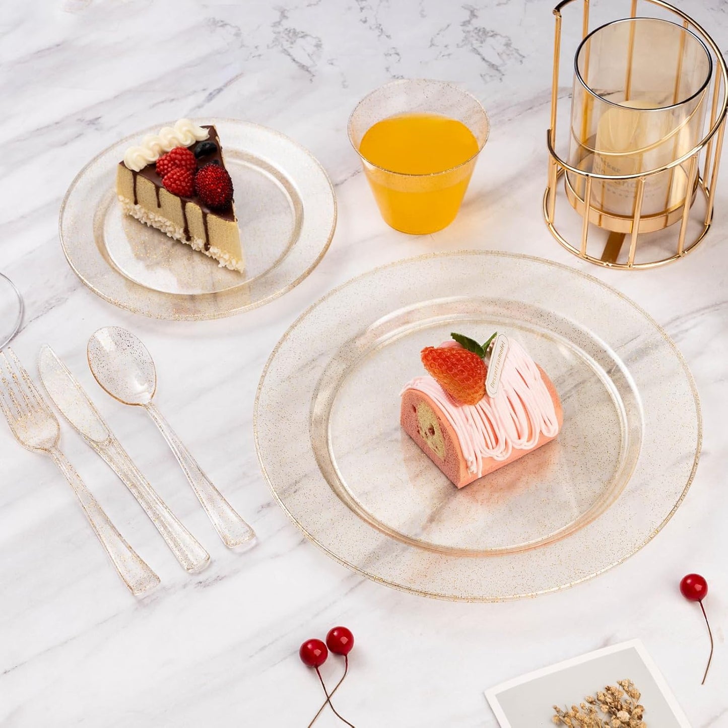 Goodluck Gold Glitter Plastic Plates - 200PCS Set: 100 Dinner (10.25 Inch), 100 Dessert (7.5 Inch) Plates - Disposable, Suitable for Parties, Weddings, Christmas