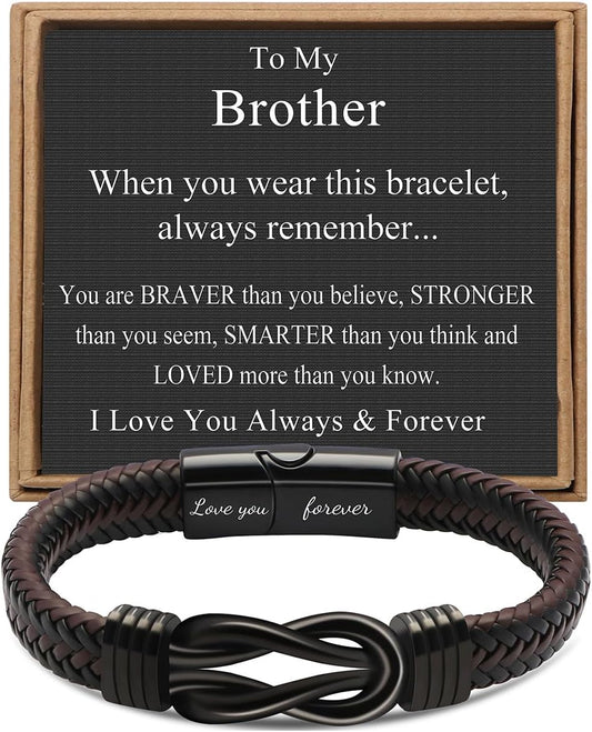 𝗞𝗻𝗼𝘁 𝗕𝗿𝗮𝗰𝗲𝗹𝗲𝘁 𝗚𝗶𝗳𝘁𝘀 𝗳𝗼𝗿 𝗠𝗲𝗻 Brown Braided Leather Stainless Steel Infinity Bracelets Lettering Love You Forever Gifts for Son Grandson Husband Boyfriend Brother Always Linked Together