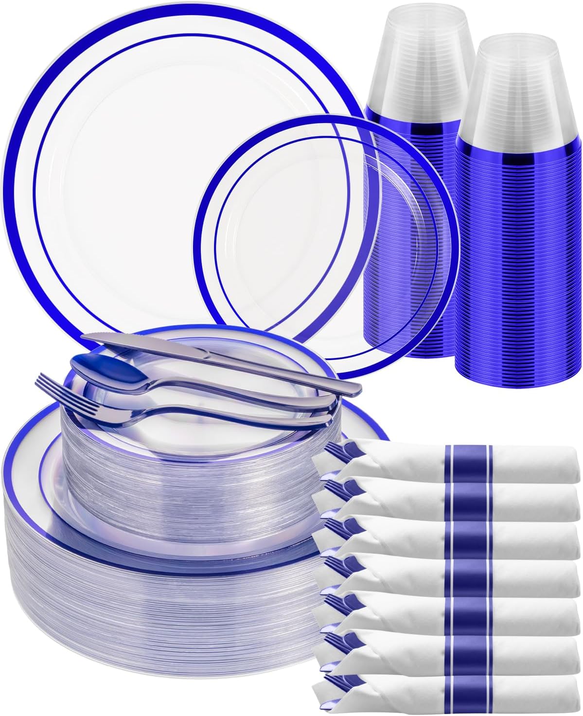 Goodluck 350 Piece Blue Plastic Plates, Clear Plastic Silverware Disposable Plates Set, Include 100Plates, 50Pack Pre Rolled Napkins with Silverware, 50Cups for Party, Wedding, Graduation