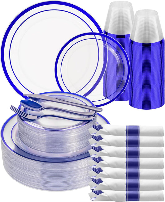 Goodluck 350 Piece Blue Plastic Plates, Clear Plastic Silverware Disposable Plates Set, Include 100Plates, 50Pack Pre Rolled Napkins with Silverware, 50Cups for Party, Wedding, Graduation