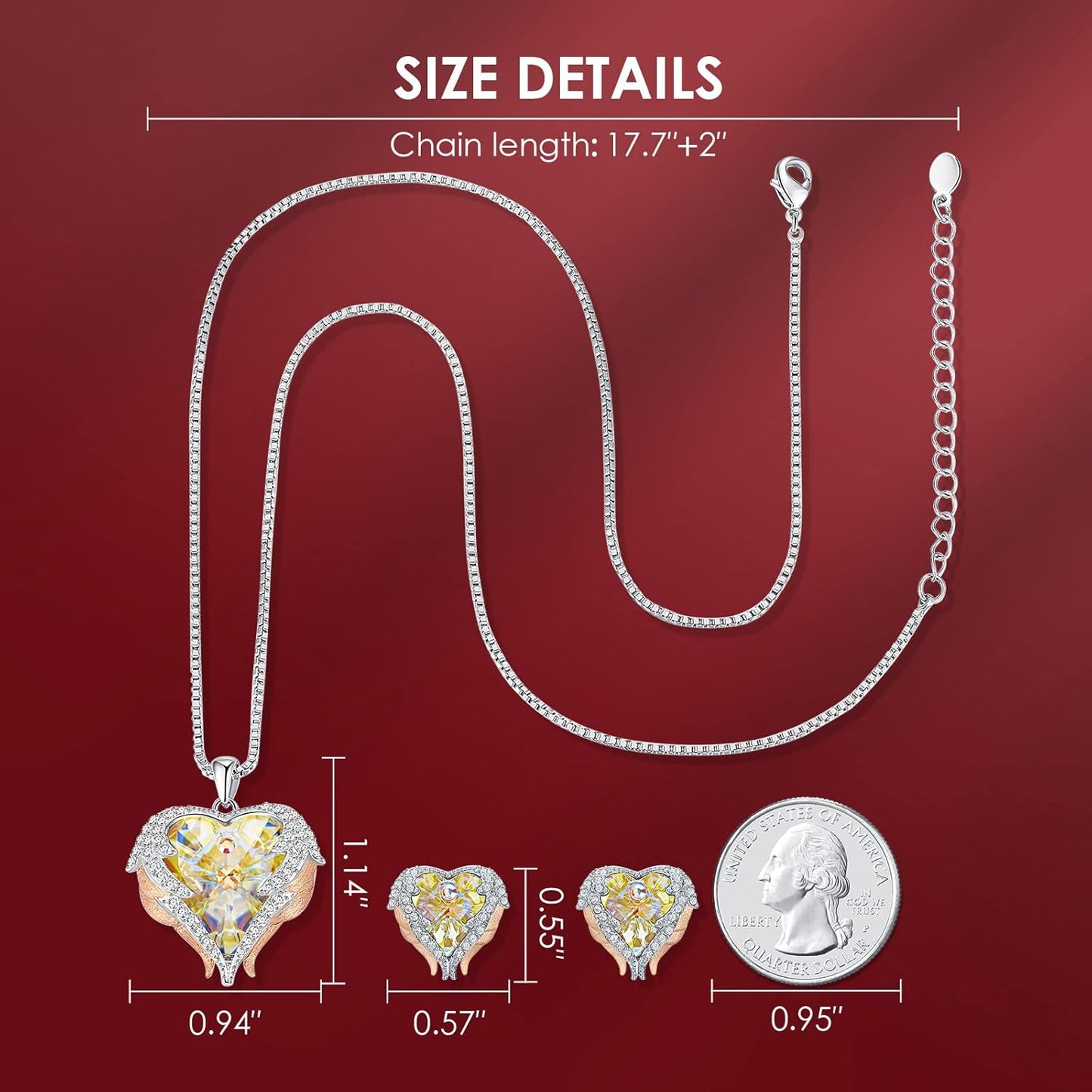 CDE Mothers Day Jewelry Set for Women, Angle Wing Heart Pendant Necklaces and Earrings with Birthstone， Birthday/Anniversary Christmas Jewelry Gift for Women Wife Her