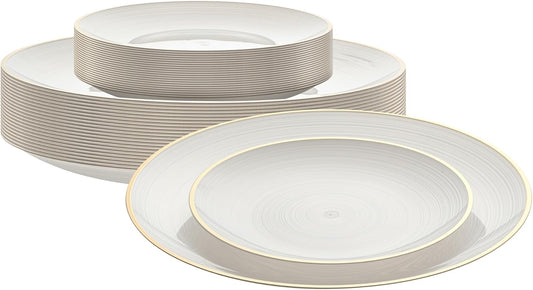 Restaurantware Plastic Plates 40 Pcs 7.13" and 10" Combo Gold Rimmed Plate Set Disposable Heavy-Duty White Translucent Rippled Plastic Dinner Servers for Party, Weddings, Salads, Desserts