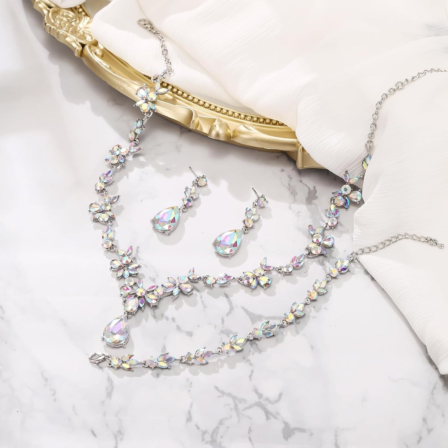 BriLove Wedding Jewelry Set for Women Bride, Y-Necklace Tennis Bracelet Dangle Earrings Crystal Teardrop Marquise Cluster for Bridal Bridesmaid