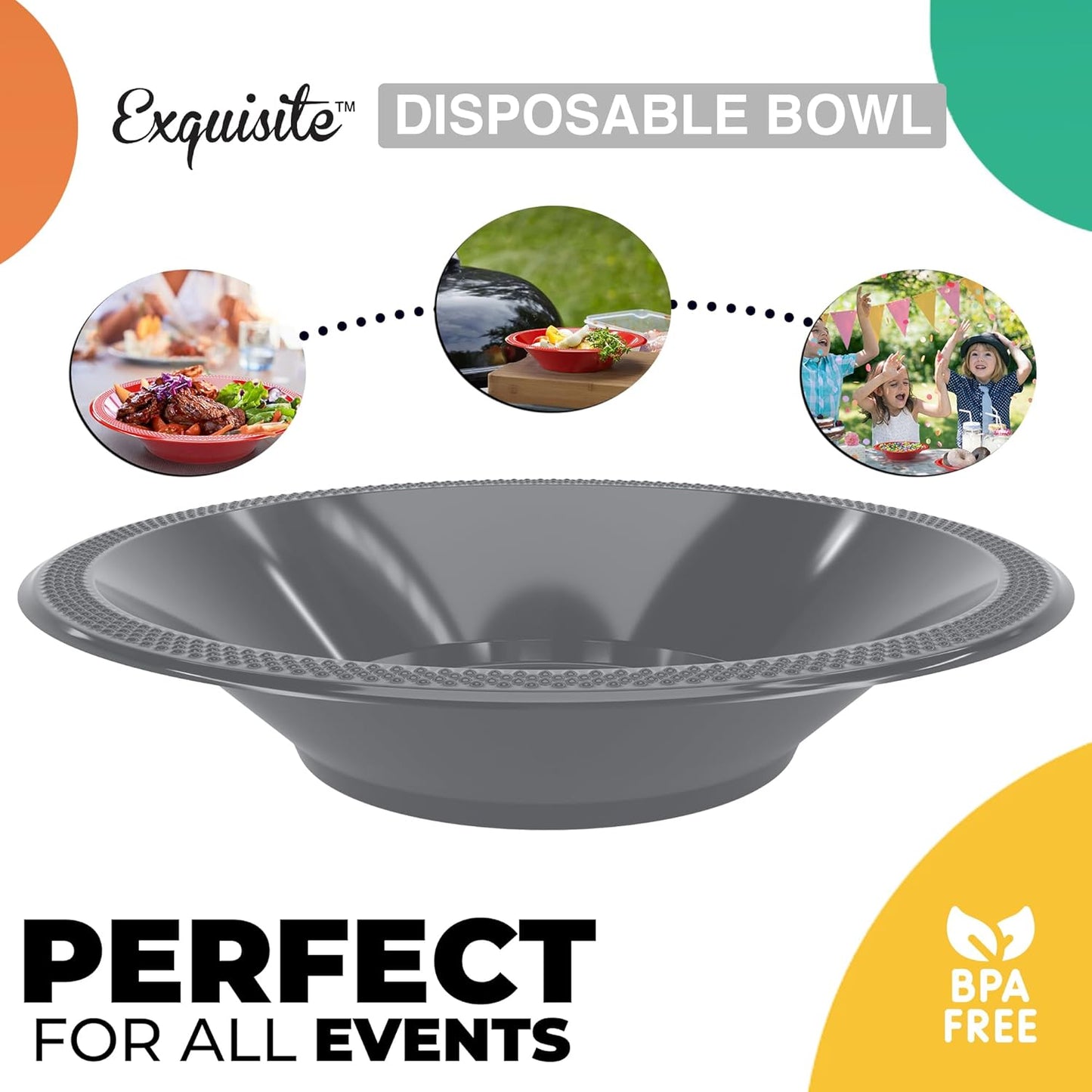 Exquisite Party Solids 12 Oz Silver Plastic Bowls Disposable Bowls for Hot Food Soup 100 Pcs - For Soup, Salad, Cereal, Desserts & Party Supplies