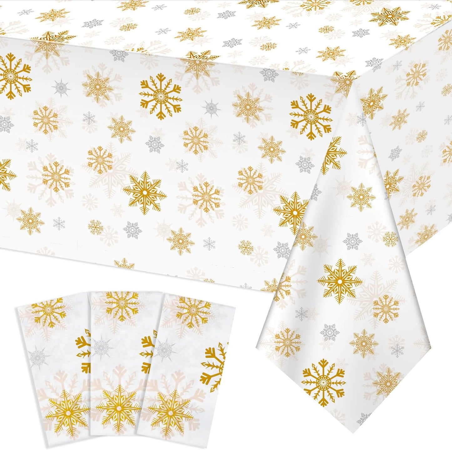 3 Pack Christmas Snowflake Plastic Tablecloth, 54 x 108Inch White and Gold Snowflake Table Cloth Disposable Waterproof Winter Snowflakes Table Cover for Winter Holiday New Year Party Supplies Decor