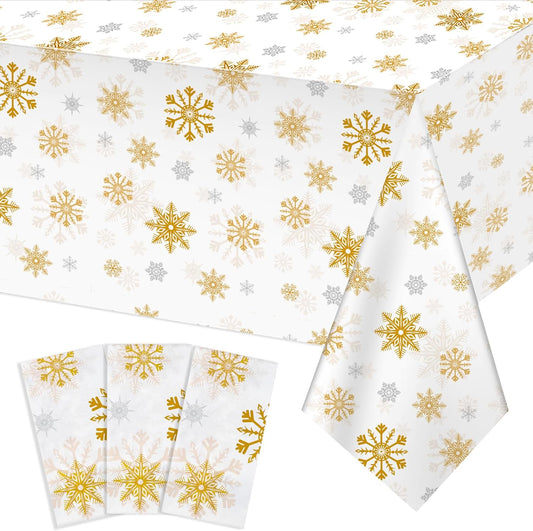 3 Pack Christmas Snowflake Plastic Tablecloth, 54 x 108Inch White and Gold Snowflake Table Cloth Disposable Waterproof Winter Snowflakes Table Cover for Winter Holiday New Year Party Supplies Decor