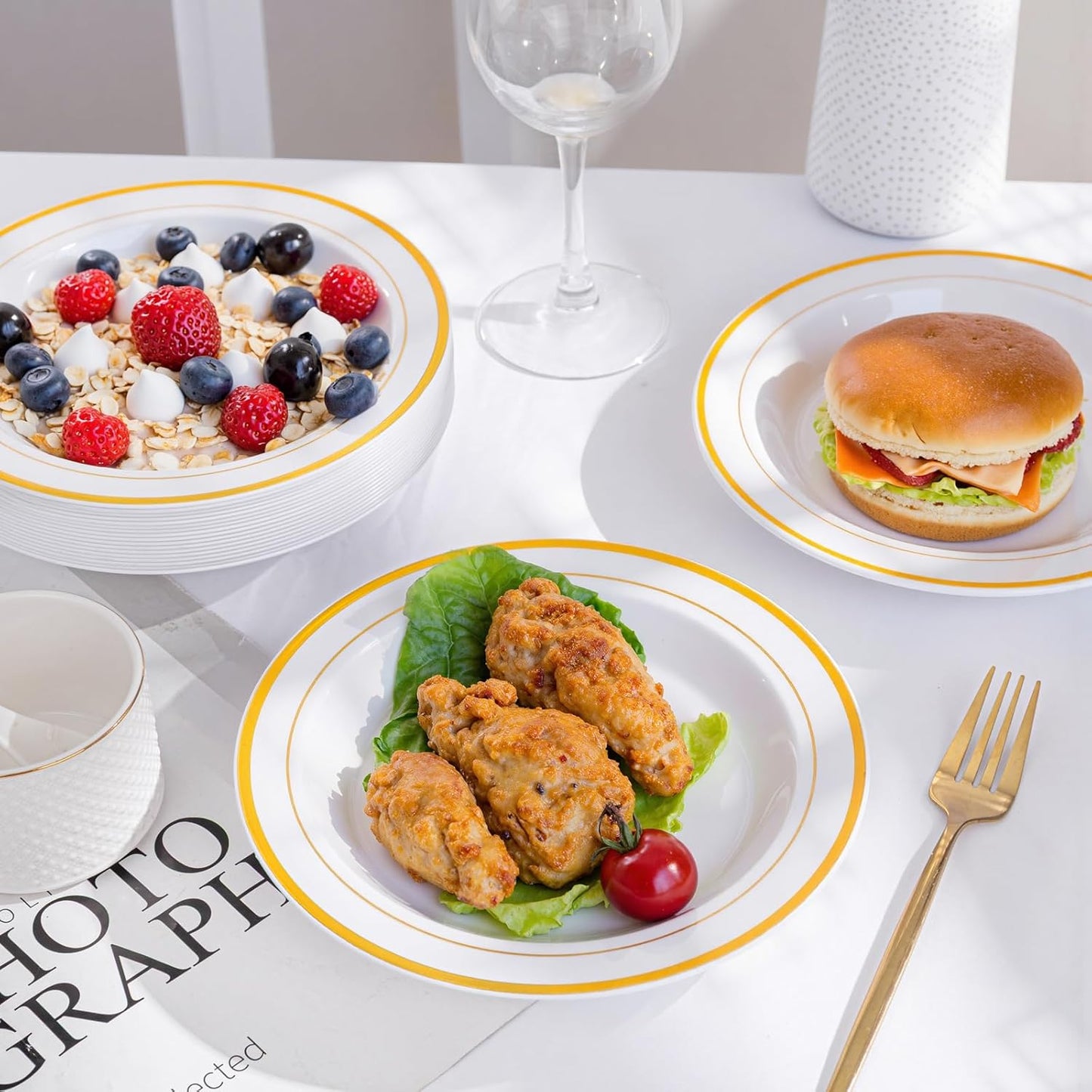 bUCLA 120 Pack Disposable Plastic Bowls Gold Trim 12oz - Elegant Party Bowls Disposable for Salad, Soup, Dessert, Ideal for Wedding & Thanksgiving