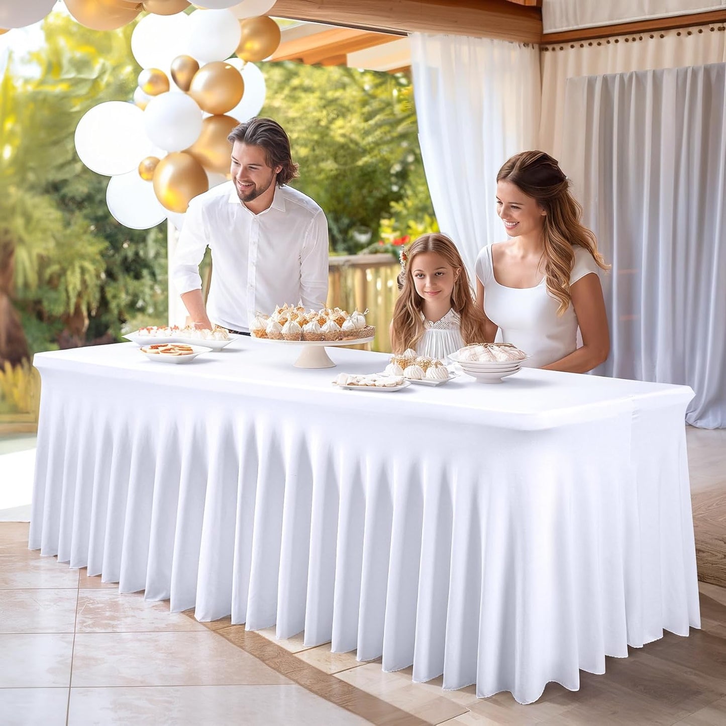 PARTISKY White Spandex Tablecloth for 8ft Rectangle Tables, Stretchable Table Cover Skirt for Folding Tables Weddings Parties Banquets Events Trade Shows and Dessert Table