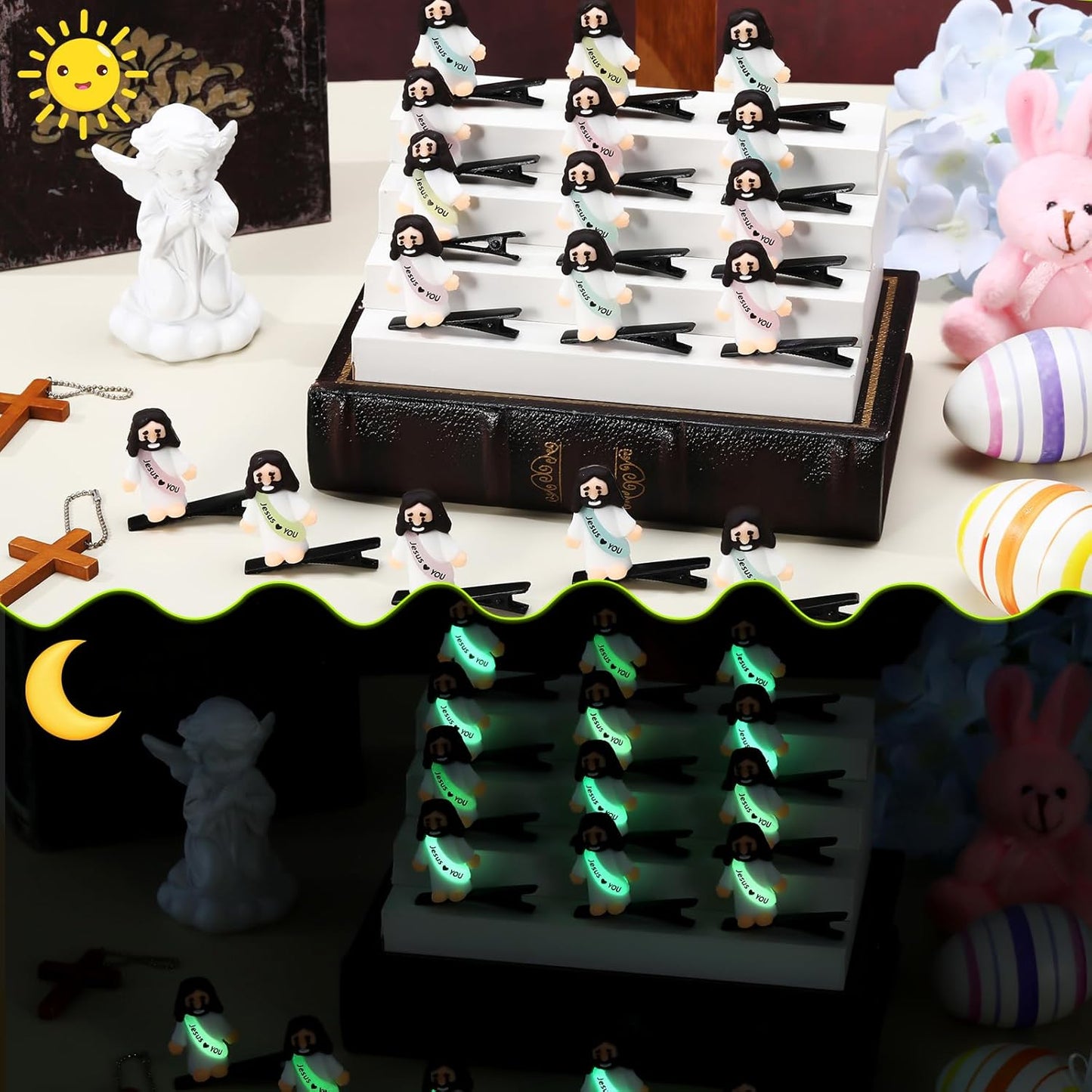 30 Pcs Mini Glow Hair Clips Girls Rave Hair Clips for Women Christmas Music Festival Holiday Party Supplies (Jesus)