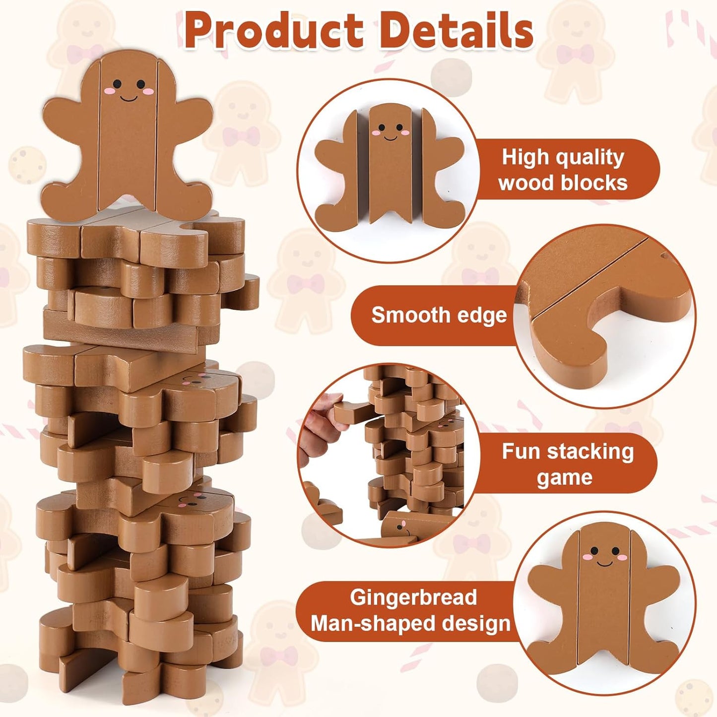 Tower Stacking Game Winter Christmas Family Reunion Games Gingerbread Man Wooden Blocks Tumbling Tower and Balancing Game for Adults Team Building Friends Group Coworkers Games Fun Party Activities