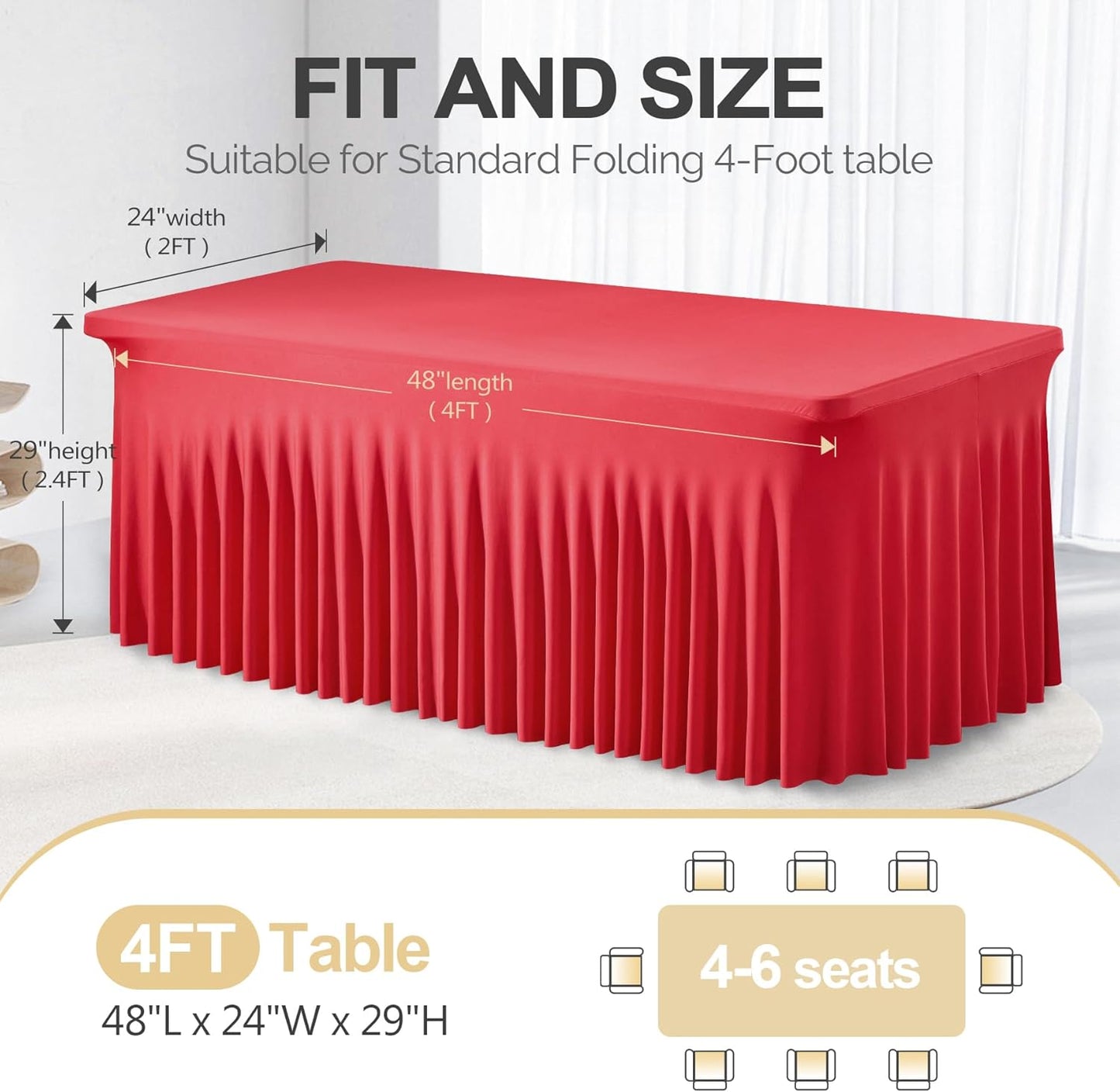 PARTISKY Red Spandex Tablecloth for 4ft Rectangle Tables, Stretchable Table Cover Skirt for Folding Tables Weddings Parties Banquets Events Trade Shows and Dessert Table