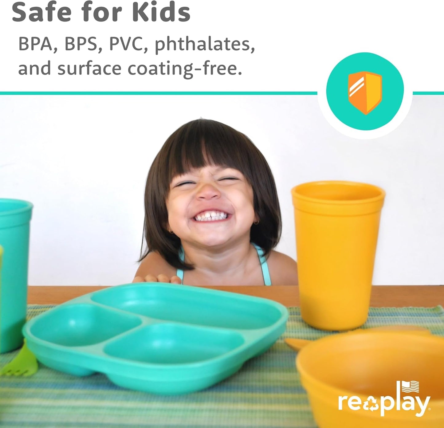 Re-Play Toddler Plates with Dividers - Deep-Walled 3 Compartments Divided Plates for Kids with 3 Lids - Dishwasher & Microwave Safe - Made in USA - Set of 3-7.37" x 7.37" x 1.25" - Desert Sands